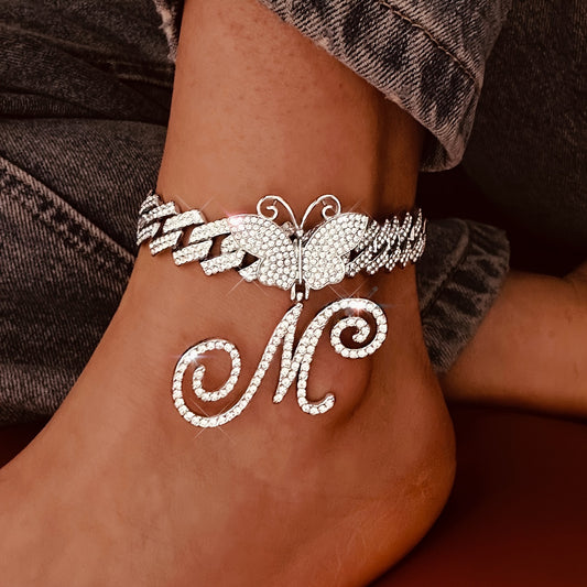 Trendy Shiny Butterfly Cursive Letter Cuban Chain Anklet For Women A-Z Letters Anklets Punk Hip Hop Style Sparkling Barefoot Jewelry