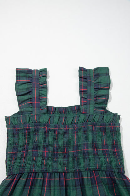 Green Plaid Ruffle Sleeveless Shirred Bodice Tiered Midi Dress
