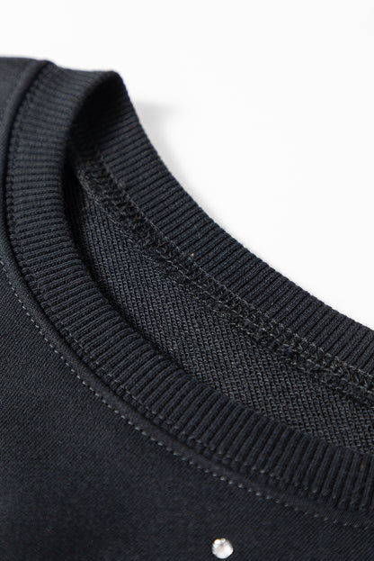 Black Rhinestone Embellished Drop Shoulder Ribbed Cuffs Wholesale Sweatshirt