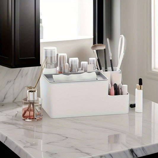 Multi-Purpose Desktop Organizer with Flip Lid - Plastic Wipes Dispenser, Tissue Box Holder for Office, Bedroom, Bathroom & Kitchen Storage