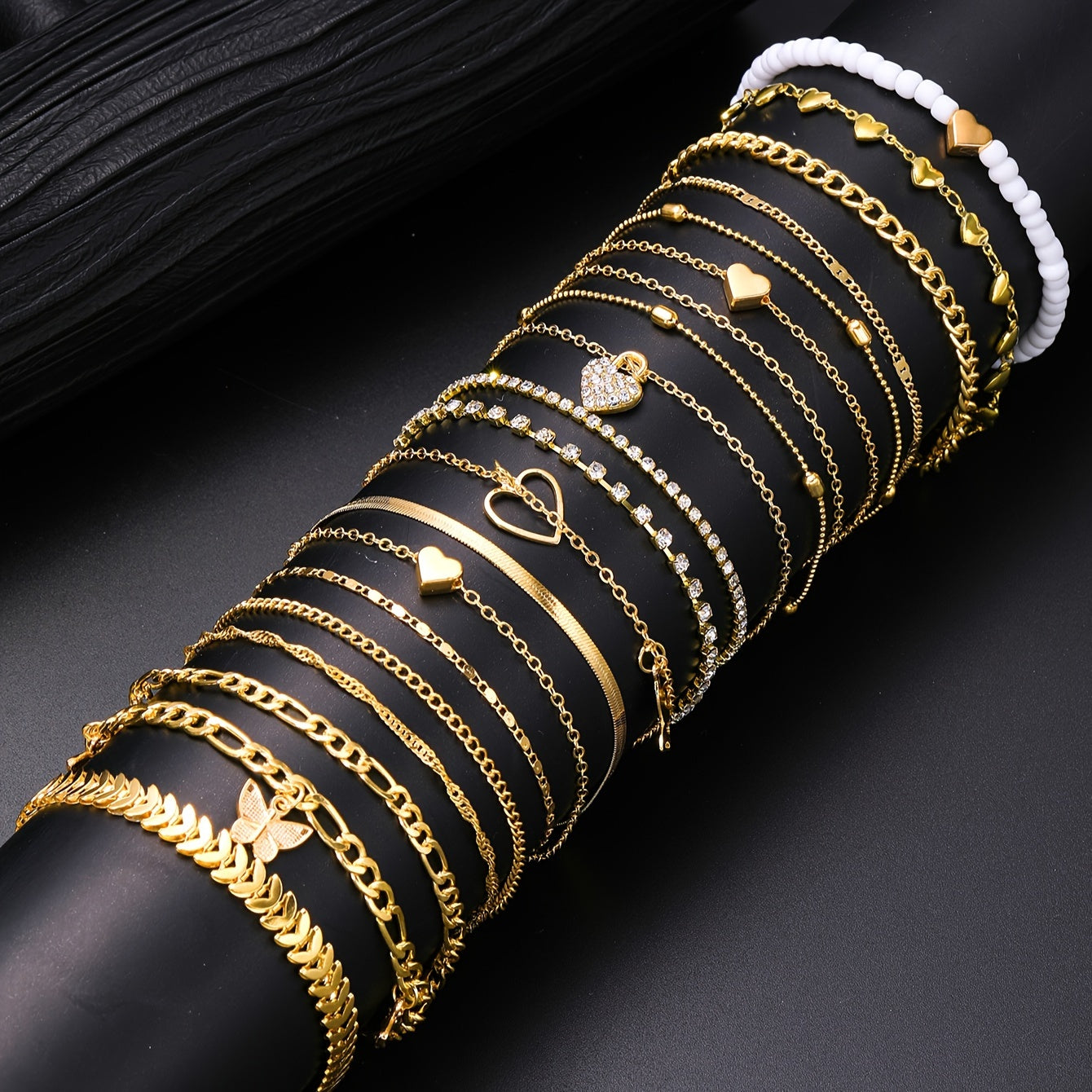 18-Piece Fashionable Simple Elegant Charm Anklets Set - Zinc Alloy Multi-Design Heart Butterfly Bead Chain Snake Chain Airplane Ball Chain Metal Anklets for Beach Party Vacation Casual Wear
