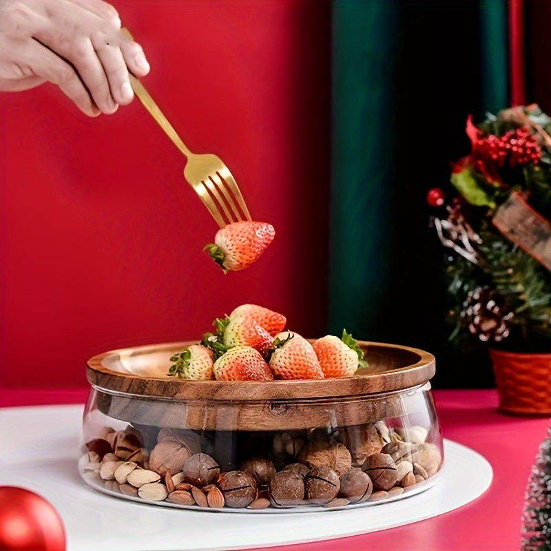 Double Layer Wooden Trays - 1pc Glass Bowl Nuts Fruits Food Container For Cereals - Candy Jars With Wooden Lid Home Kitchen Storage Supplies