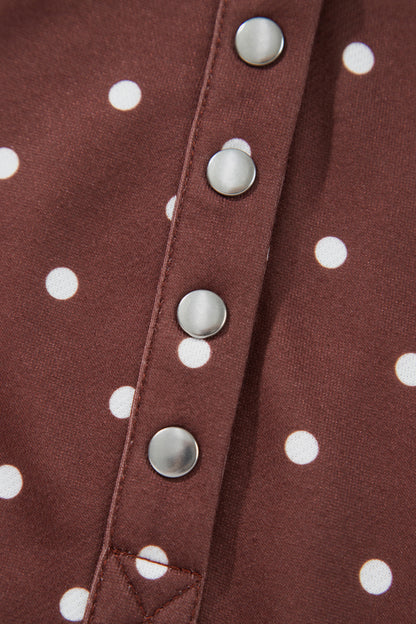 Pink Polka Dot Print Metal Button Collar Casual Pullover Sweatshirt