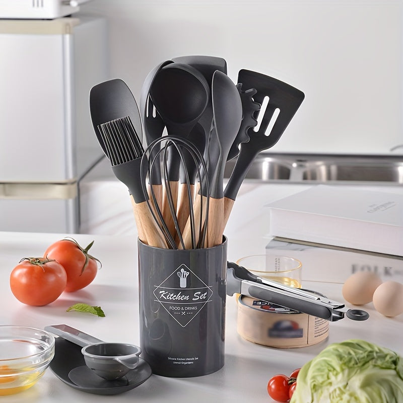 12/14pcs/set Premium Wooden Handle Silicone Kitchenware Set - Heat-Resistant, Non-Stick, Easy-to-Clean Cooking Tools for Baking, Cooking, and Serving - Durable, Versatile, and Space-Saving Kitchen Essentials
