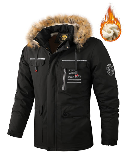 Men'S Winter Windbreaker Jacket with Warm Hood - Maroon Zip-Up Outdoor Coat, Stand Collar, Multiple Pockets, Casual Sporty Design for Cold Weather, Winter Jacket