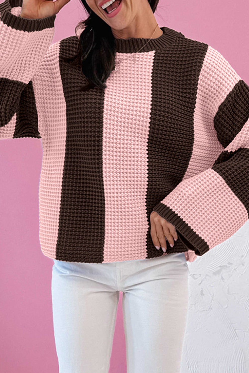 Myosotis Striped Color Block Thermal Textured Knit Drop Shoulder Sweater