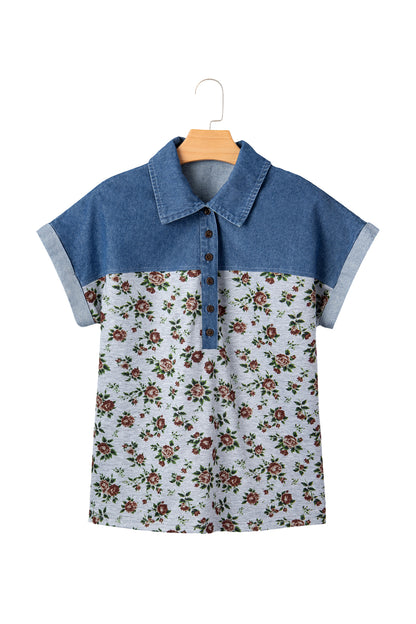 Gray Retro Floral Print Denim Patchwork Buttoned Polo Collar Top