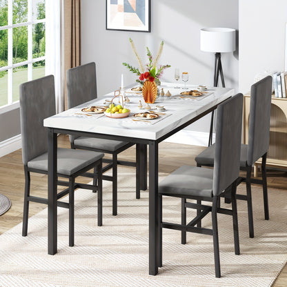 5 Piece Dining Table & Chair Set with 4 Velvet Upholstered and Density Sponge Padded Dining Chairs, Modern Style Kitchen Table Furniture Set with Faux Marble Table Top, 4-Person Metal and Wood Breakfast Nook Dinette Set for K