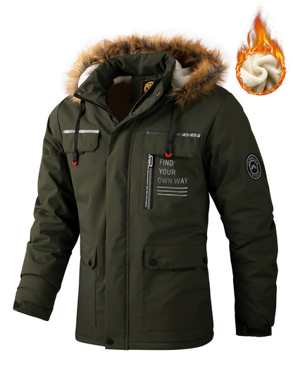 Men'S Winter Windbreaker Jacket with Warm Hood - Maroon Zip-Up Outdoor Coat, Stand Collar, Multiple Pockets, Casual Sporty Design for Cold Weather, Winter Jacket
