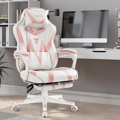 ZEANUS Pink Gaming Chair for Adults & Girls - Ergonomic High Backrest with Massage, Reclining Swivel Office Computer Chair, Racing Style Design with Footrest & Adjustable Armrests, Metal Frame & Soft Foam Padding, Bright Pink