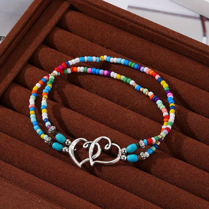 3 Pcs Shimmering Heartfelt Multicolor Beaded Anklet Set - Fashion Delicate Hollow Double Heart Design With Mini Seed Beads, Adjustable Elastic Boho Chic Anklets, Women Anklets, Surf Anklet, A Charm For Everyday Wear And Vacat