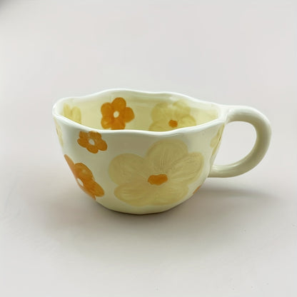 Ceramic Coffee Cups | Hand Pinched Irregular Flower Milk Tea Cup, Korean Style Oatmeal Breakfast Mug, Insulated, Reusable Drinkware for Adults