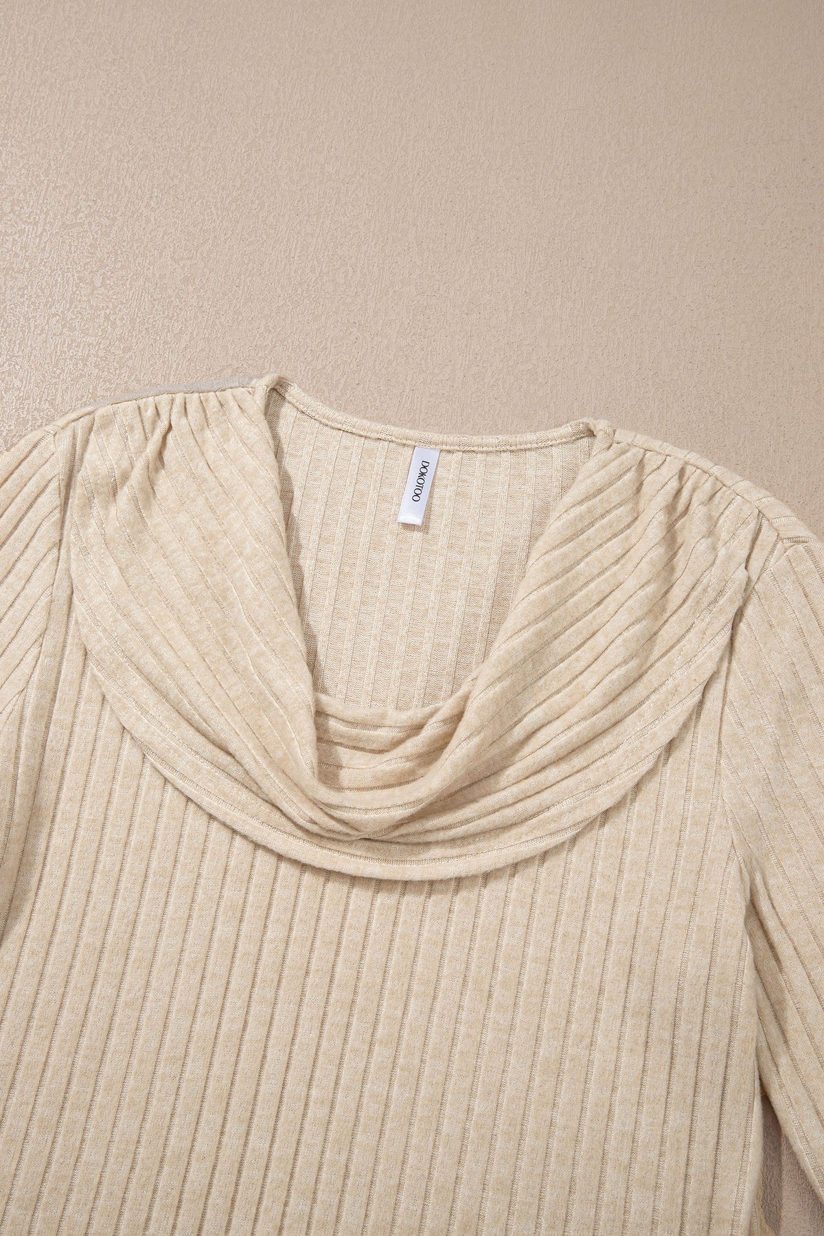 Apricot Solid Color Ribbed Knit Cowl Neck Long Sleeve Top