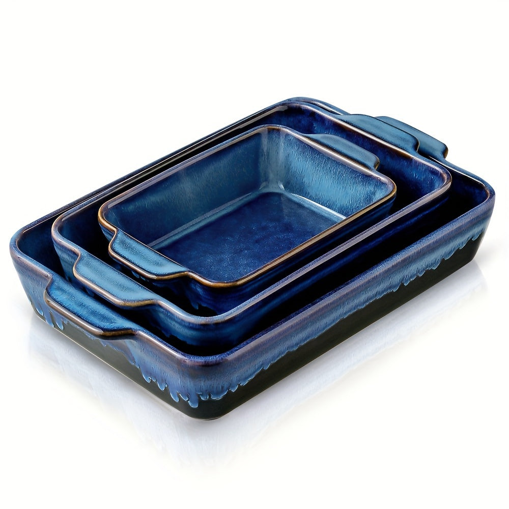 3pcs Bakeware Set, Ceramic Baking Dish Set, Rectangular Casserole Dish Set, Lasagna Pan, Baking Pans Set for Cooking, Cake Dinner, Kitchen, 9 X 13 Inches, Reactive Glaze 3pcs (Nebula Blue) KOOV