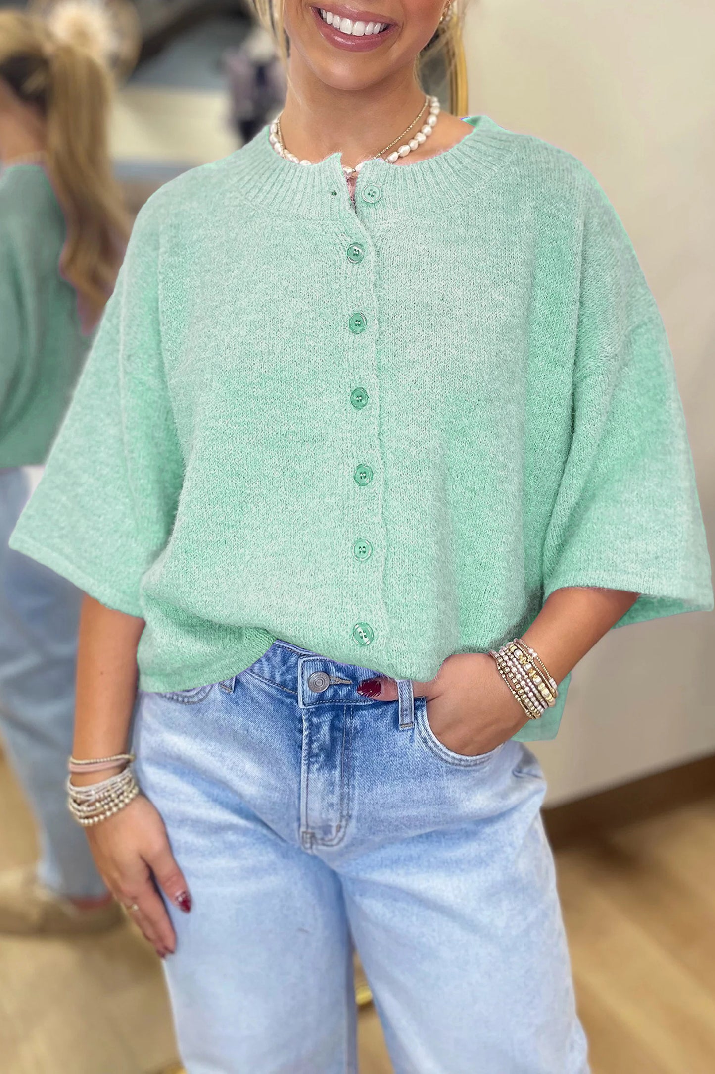Lavendula 3/4 Sleeve Boxy Knit Button Down Sweater Cardigan
