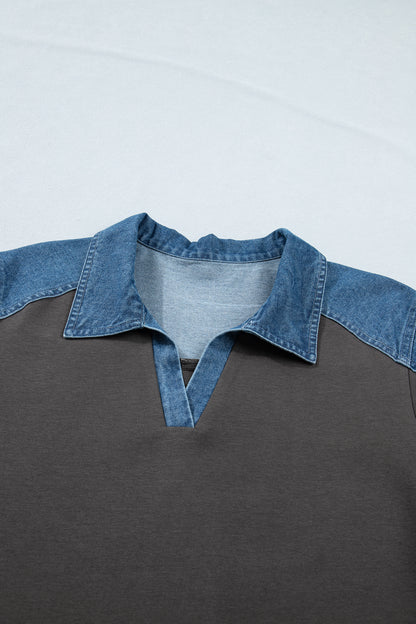 Carbon Grey Color Block Denim Patchwork Polo Collar T Shirt Shift Dress