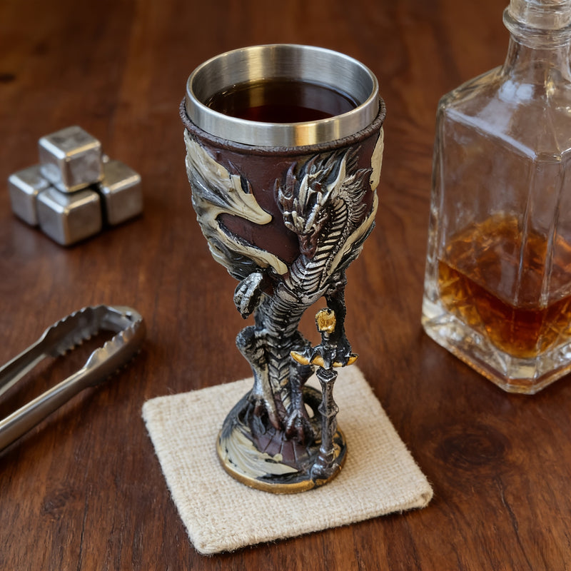 Medieval Flame Dragon Wine Cup, 7oz Stainless Steel, Reusable Insulated Drinkware, Gothic Novelty Gift, Vintage Flying Dragon Design, Hand Wash Only, Ideal for Family & Party Use