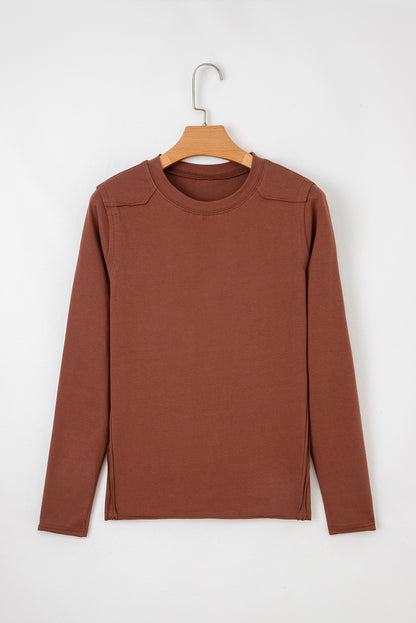 Chestnut Raw Seam Detail Solid Color Long Sleeve Top