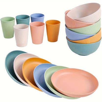 18/6pcs Unbreakable Plastic Dinnerware Set, Round, Polka Dots, Lightweight and Dishwasher Safe, Colorful, with Plants Theme, for Dorm, Kitchen, Camping, RV, and Party