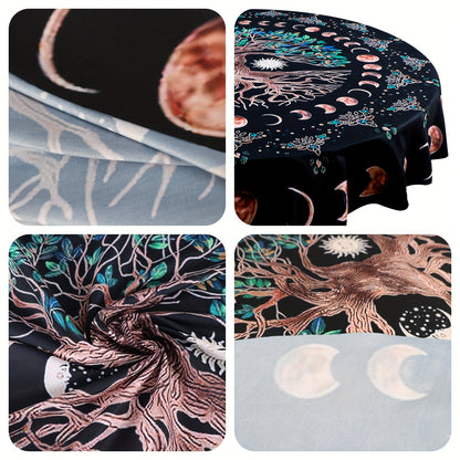 1pc Round Tablecloth 63 Inch, Boho Table Cloth With Sun MoonStar Tree Pattern, Stain Resistant, Absorbent And Wrinkle Free, Circle Table Cover For Home Kitchen Dining Party Patio Indoor AndOutdoor Use, Room Decor, Scene Decor