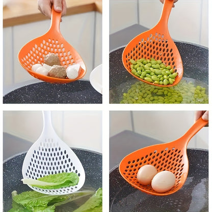 1pc Large Nylon Colander Spoon - Slotted Strainer Scoop with Long Handle for Kitchen Pasta Noodle Cooking - Easy Grip, Heat Resistant, Non-Stick, Space-Saving Kitchen Supplies and Cookware