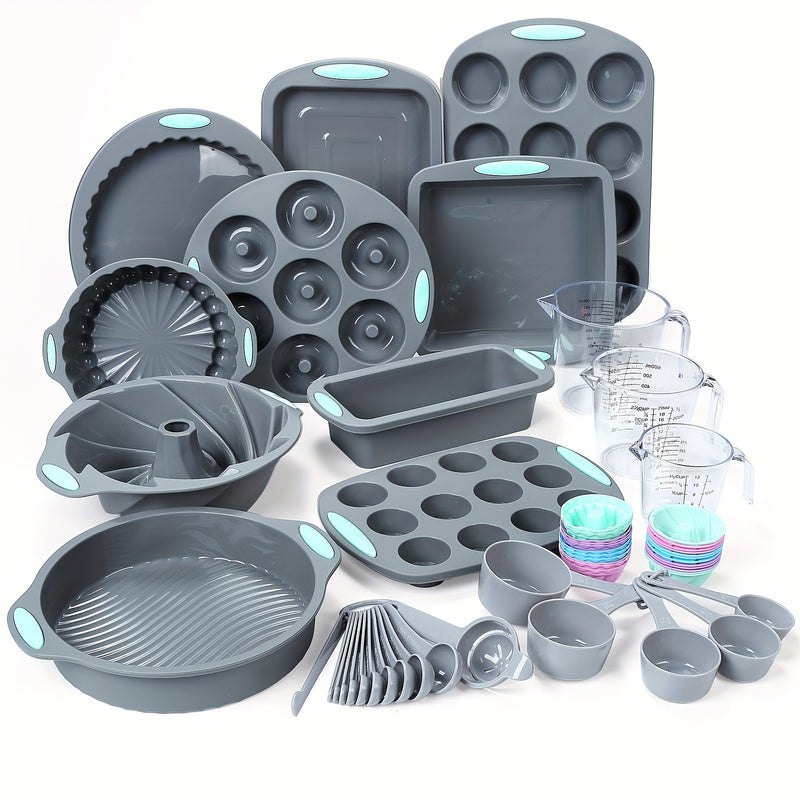 45pcs Silicone Baking Set, Nonstick Bakeware Set Baking Cookie Sheets Cake Muffin Bread Pan, Loaf Pan, Cake Pan, Pizza Pan, Mini Cupcake mold, Bundt pan, Charlotte Cake Pan, Measuring Cup and Spoon
