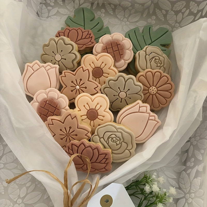 8pcs Flower Biscuits Mould Food Grade 3D Cartoon Pressable Biscuit Mold DIY Cookie Stamp Kitchen Baking Accessories Pastry Bakeware