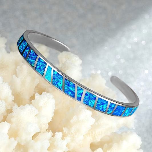 Vintage Blue Opal Open Bracelet - 18K Golden Plated Copper with Synthetic Stones, Adjustable Chain, Elegant & Versatile Jewelry for Daily Wear or Parties, Party Accessory, Classic Style, Durable Bracelet