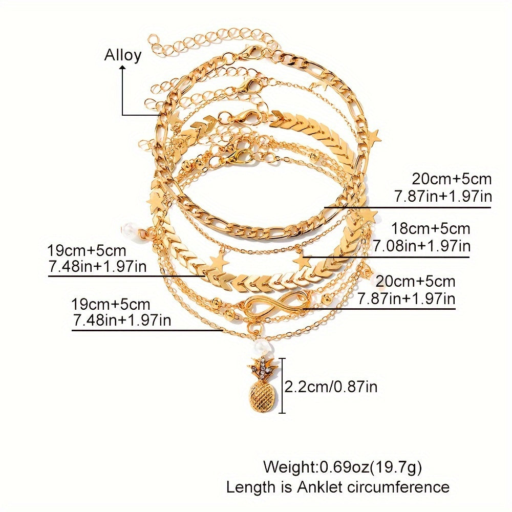 Bohemian Chic 4-Piece Anklets Set, Golden With Heart, Butterfly, Infinity & Star Charms, Faux Pearl Accents, Metal Anklets For Beach Party