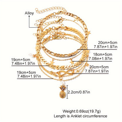 Bohemian Chic 4-Piece Anklets Set, Golden With Heart, Butterfly, Infinity & Star Charms, Faux Pearl Accents, Metal Anklets For Beach Party