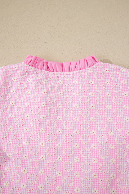 Pink Eyelet Embroidered Flower Texture Contrast Lace Trim Flutter Sleeve Blouse