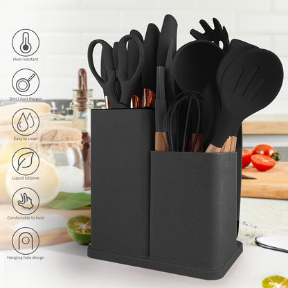 19-Piece Premium Heat-Resistant Silicone Kitchen Utensil Set With Wooden Handles, Chef Knifes, Non-Stick Friendly Cooking Tools, and Bamboo Storage Bucket
