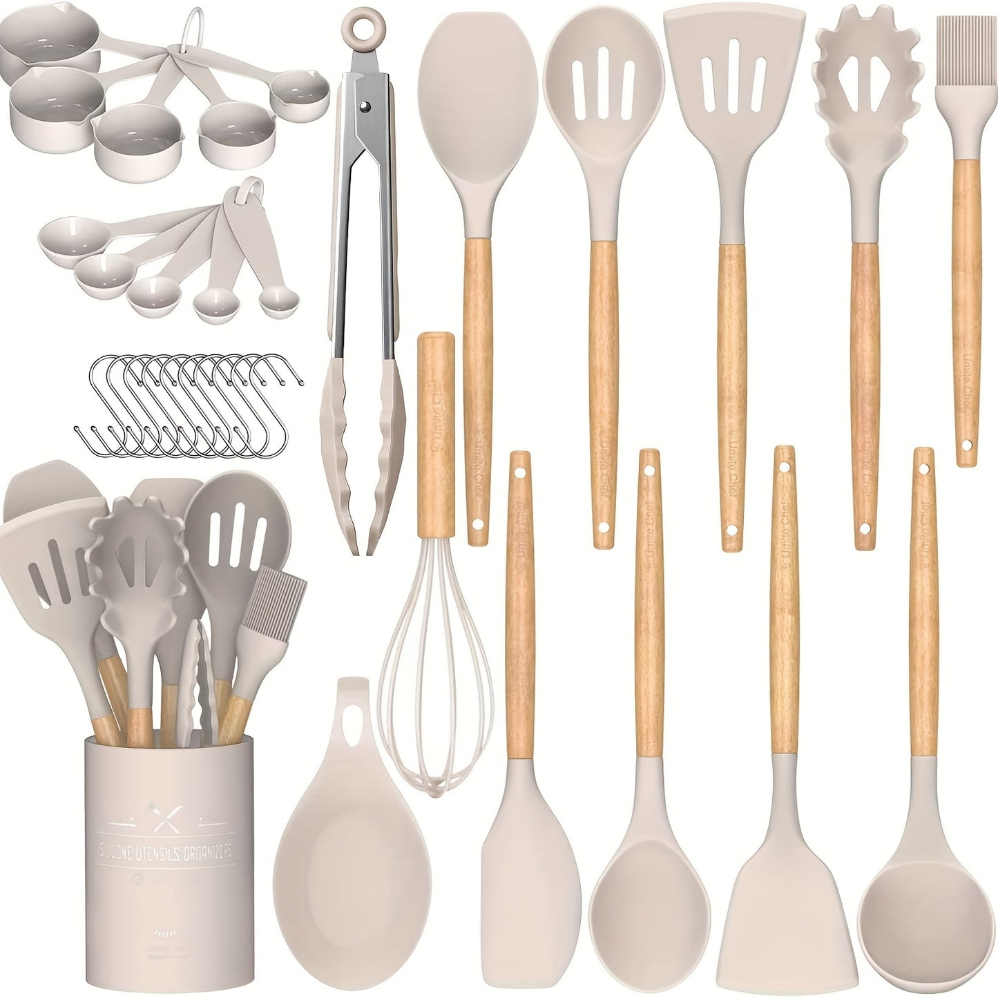 33pcs Silicone Kitchen Utensil Set with Stand - Non-Stick, Heat Resistant Cooking Tools & Gadgets with Wooden Handles