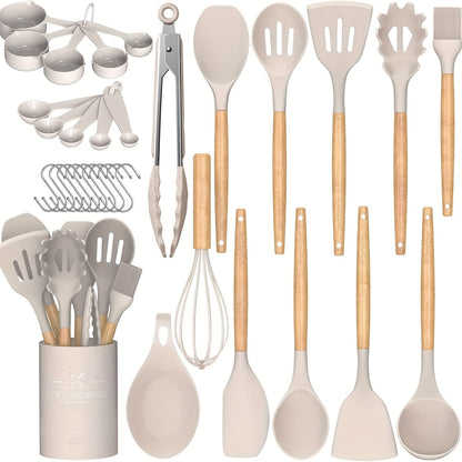 33pcs Silicone Kitchen Utensil Set with Stand - Non-Stick, Heat Resistant Cooking Tools & Gadgets with Wooden Handles