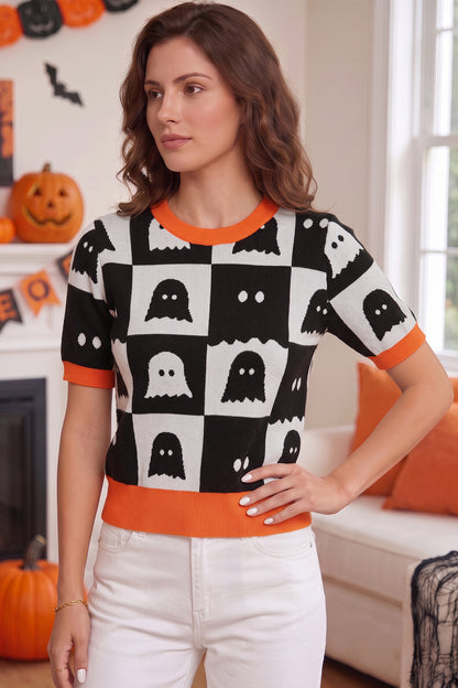 White Geometric Ghost Color Block Trim Short Sleeve Knit Sweater