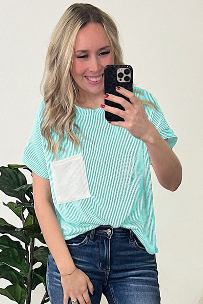 Light Blue Corded Knit Color Block Pocketed Crew Neck T Shirt