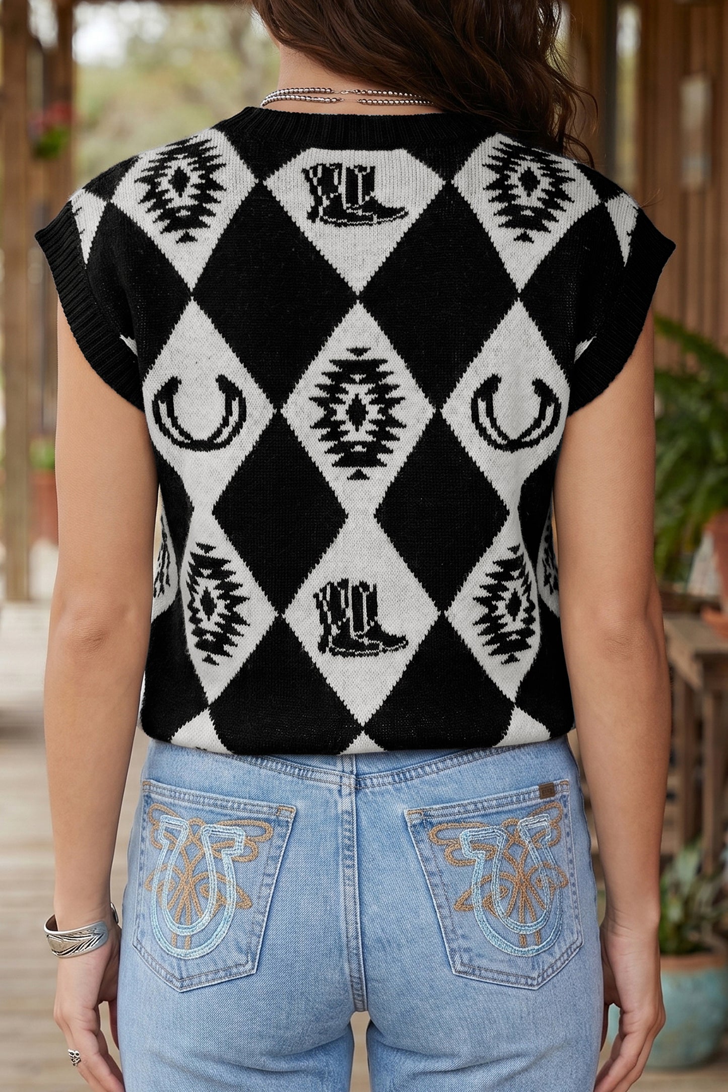 Black Retro Rhombus Western Print Drop Shoulder Short Sleeve Sweater