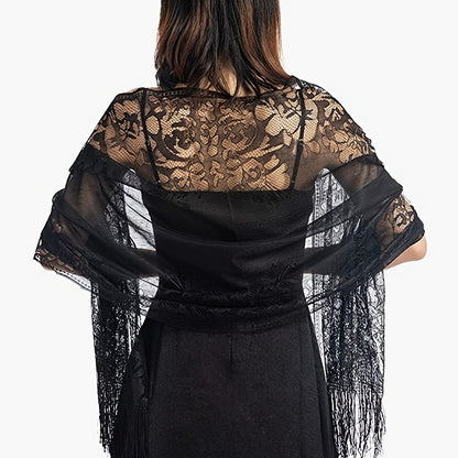 [Floral Lace Scarf With Tassels] Ladies Women's Floral Lace Scarf Shawl With Tassels, Soft Mesh Fringe Wraps Bridal Shawl For Wedding Evening Party Dresses