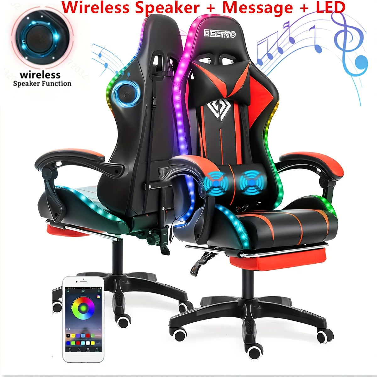 LED Gaming Chair With Wireless Speakers And Massage Big And Tall Video Game Chair For 397lbs With Footrest Reclining High Back Computer Desk Chair