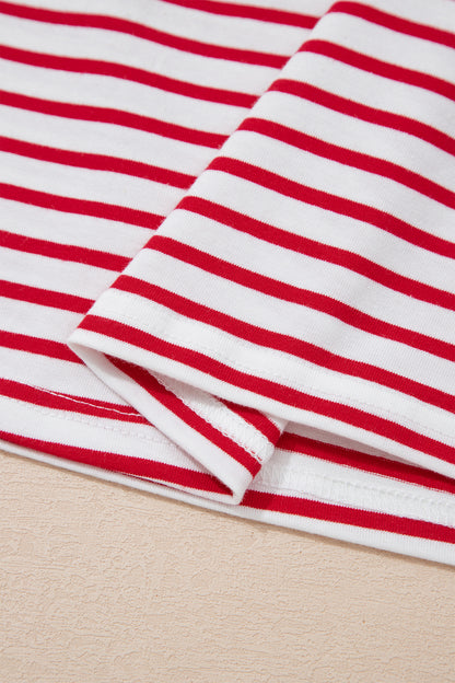 Red Stripe Floral Puff Sleeve Patchwork Round Neck Loose Top
