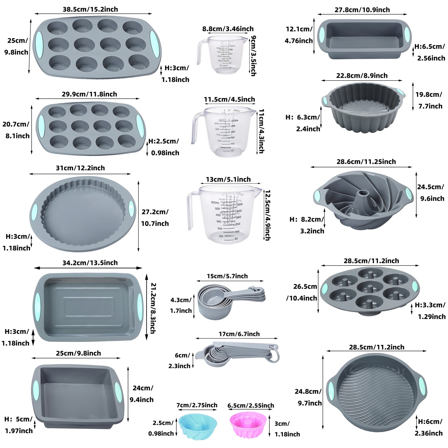 45pcs Silicone Baking Set, Nonstick Bakeware Set Baking Cookie Sheets Cake Muffin Bread Pan, Loaf Pan, Cake Pan, Pizza Pan, Mini Cupcake mold, Bundt pan, Charlotte Cake Pan, Measuring Cup and Spoon