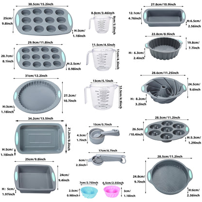 45pcs Silicone Baking Set, Nonstick Bakeware Set Baking Cookie Sheets Cake Muffin Bread Pan, Loaf Pan, Cake Pan, Pizza Pan, Mini Cupcake mold, Bundt pan, Charlotte Cake Pan, Measuring Cup and Spoon