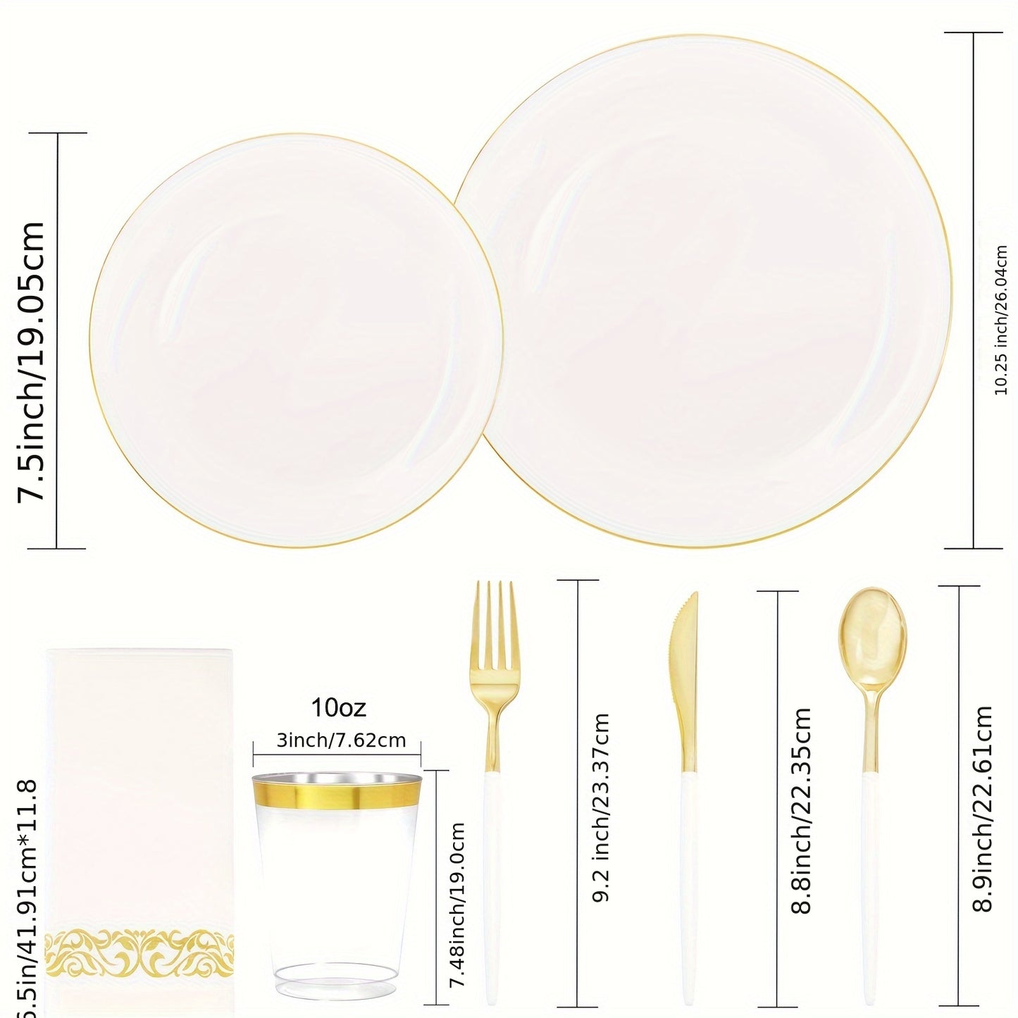 700pcs Golden Disposable Dinnerware Set, White Plastic Plates, Disposable Heavy Duty Tableware Set, Include 100 Golden Dinner Plates, 100 Dessert Plates, 300 Rolled Napkins With Golden Plastic Cutlery, 100 Plastic Cups, Party