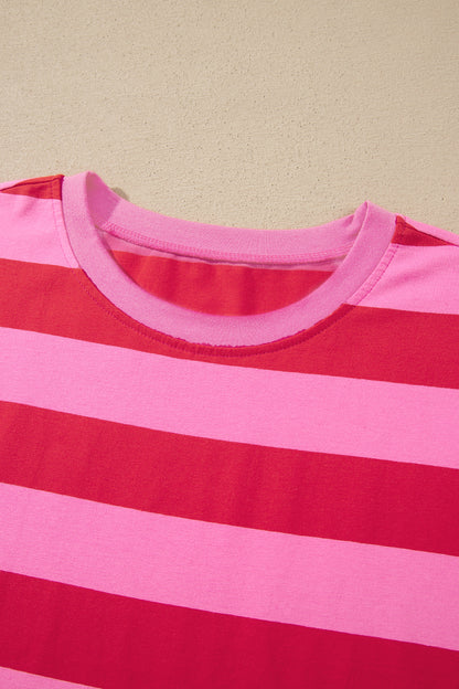 Orange Stripe Cuffed Short Sleeve Pocketed Casual T Shirt Long Dress