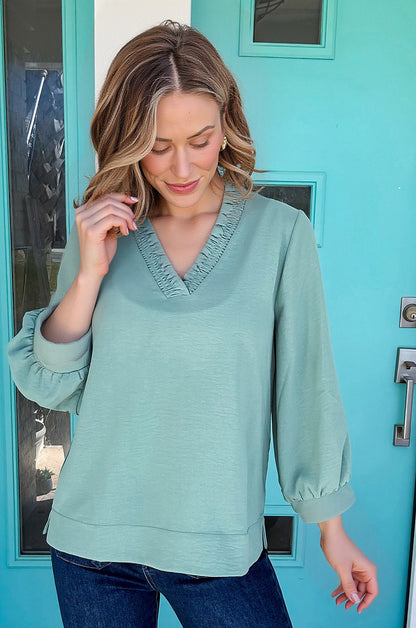 Moonlight Jade Frilled V Neckline Bracelet Sleeve Crinkled Blouse