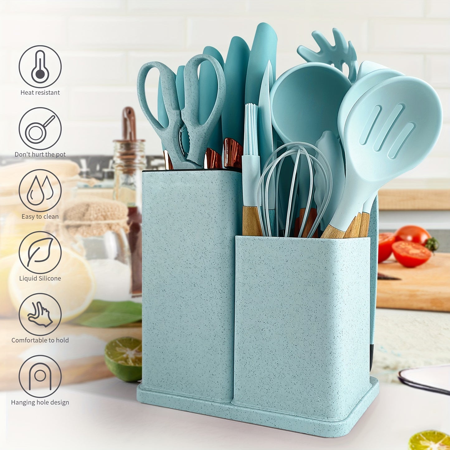 19-Piece Premium Heat-Resistant Silicone Kitchen Utensil Set With Wooden Handles, Chef Knifes, Non-Stick Friendly Cooking Tools, and Bamboo Storage Bucket