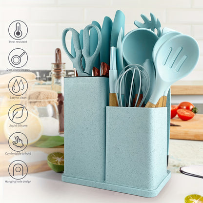 19-Piece Premium Heat-Resistant Silicone Kitchen Utensil Set With Wooden Handles, Chef Knifes, Non-Stick Friendly Cooking Tools, and Bamboo Storage Bucket