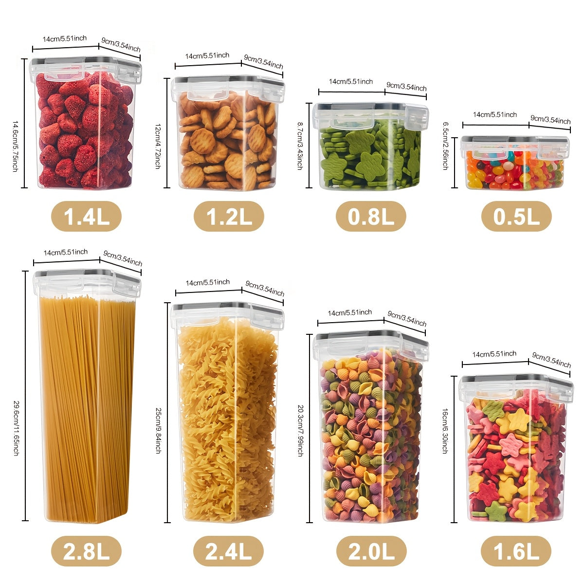 Set of Sealed Kitchen Storage Containers in Various Sizes, Free from BPA, Designed for Organizing Items Like Pasta, Snacks, Sugar, And Grains, Ensuring for longer Freshness