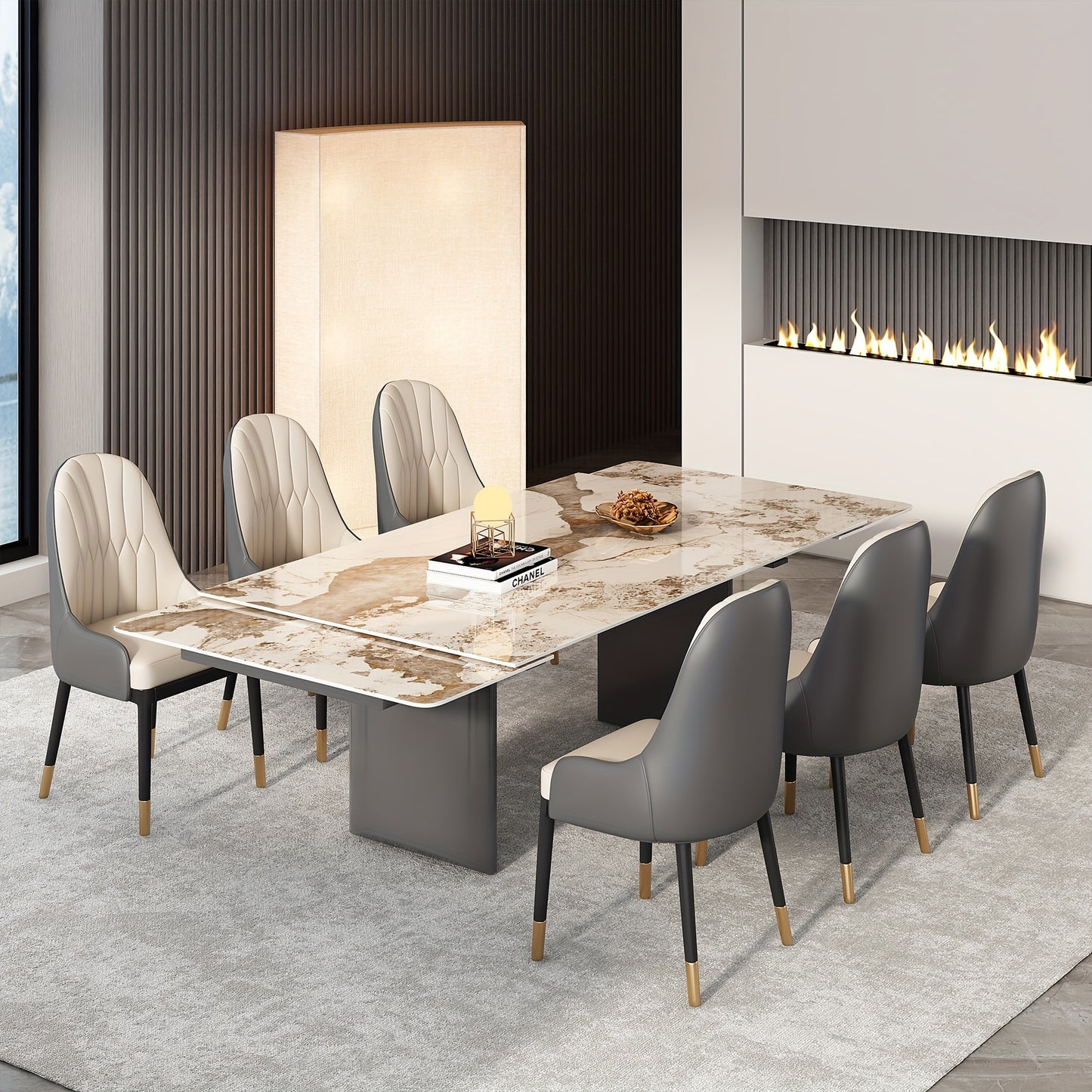 1pc Modern Extendable Dining Table, Rectangular Sintered Stone Top With Stainless Steel Legs, Seats 6-10 People, Adjustable Length 63''-94.5'', Ideal For Kitchen & Dining Room Decor
