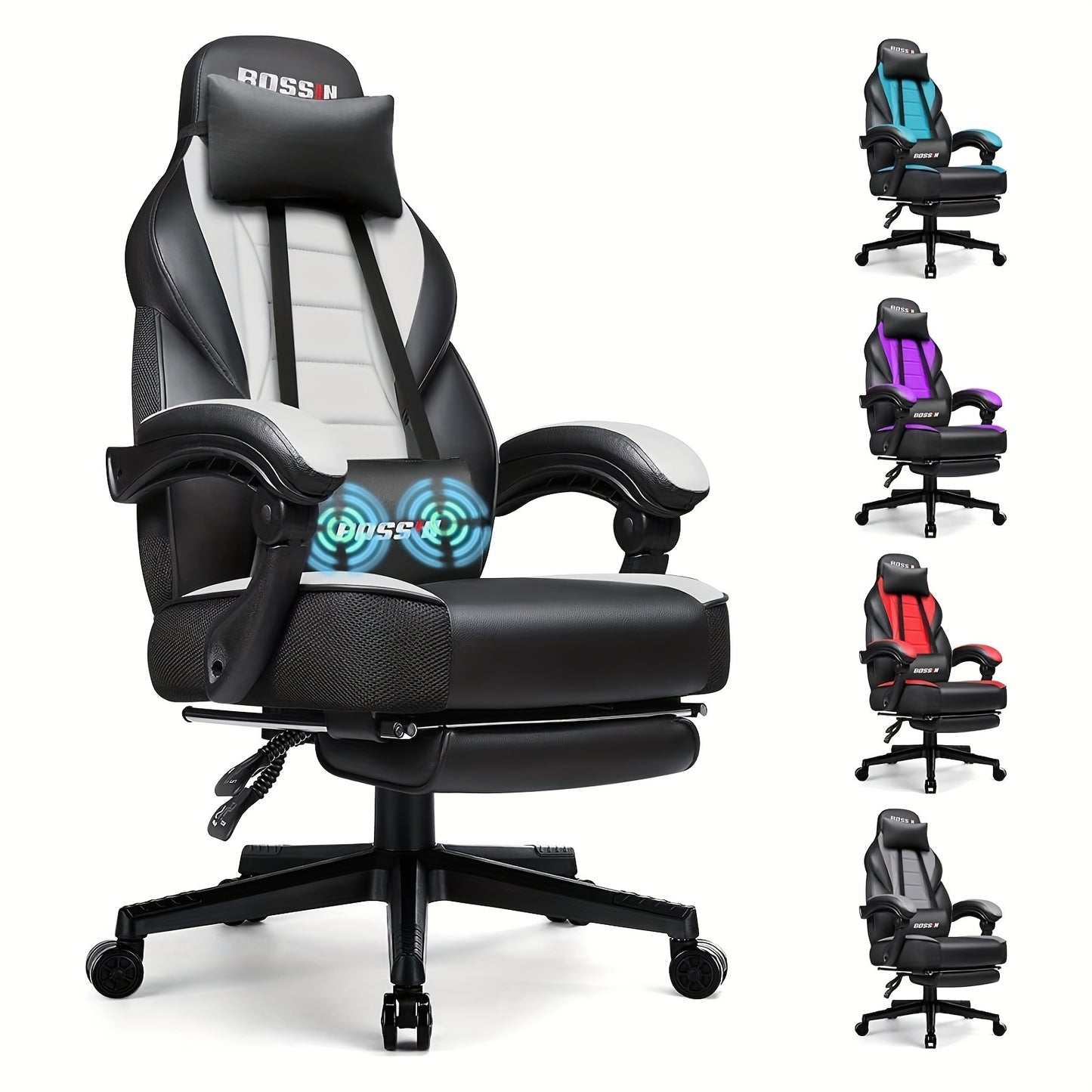 BOSSIN Gaming Chair With Massage, PU Leather Computer Desk Chair With Footrest And Headrest, Ergonomic Heavy Duty Design, Large Size High-Back E-Sports - For Gamers - Suitable for Long Hours of Gaming - Perfect Gift for Gamer